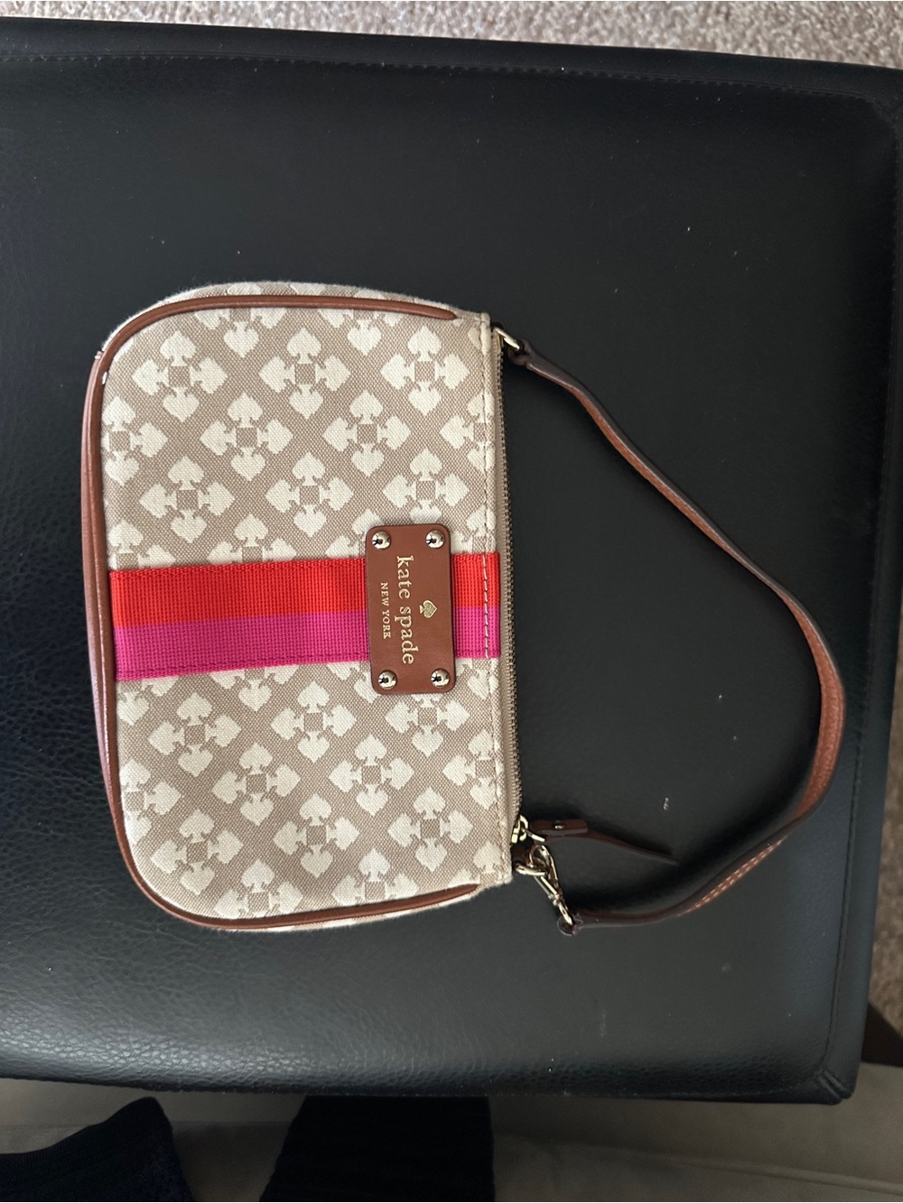 kate spade Neutral Canvas Wristlet with Pink & Red Stripe